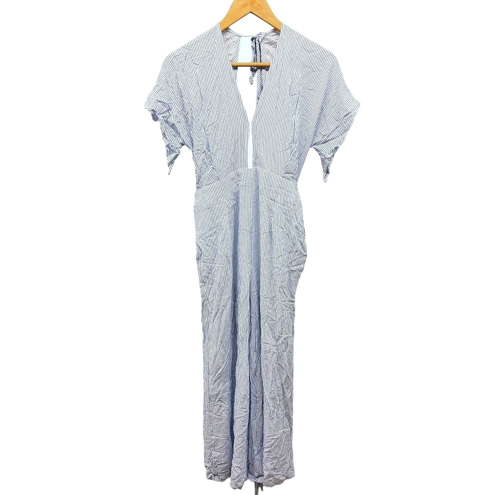 Mahina Plunging V Neck Striped Maxi Dress Womens L Blue White Beach Resort